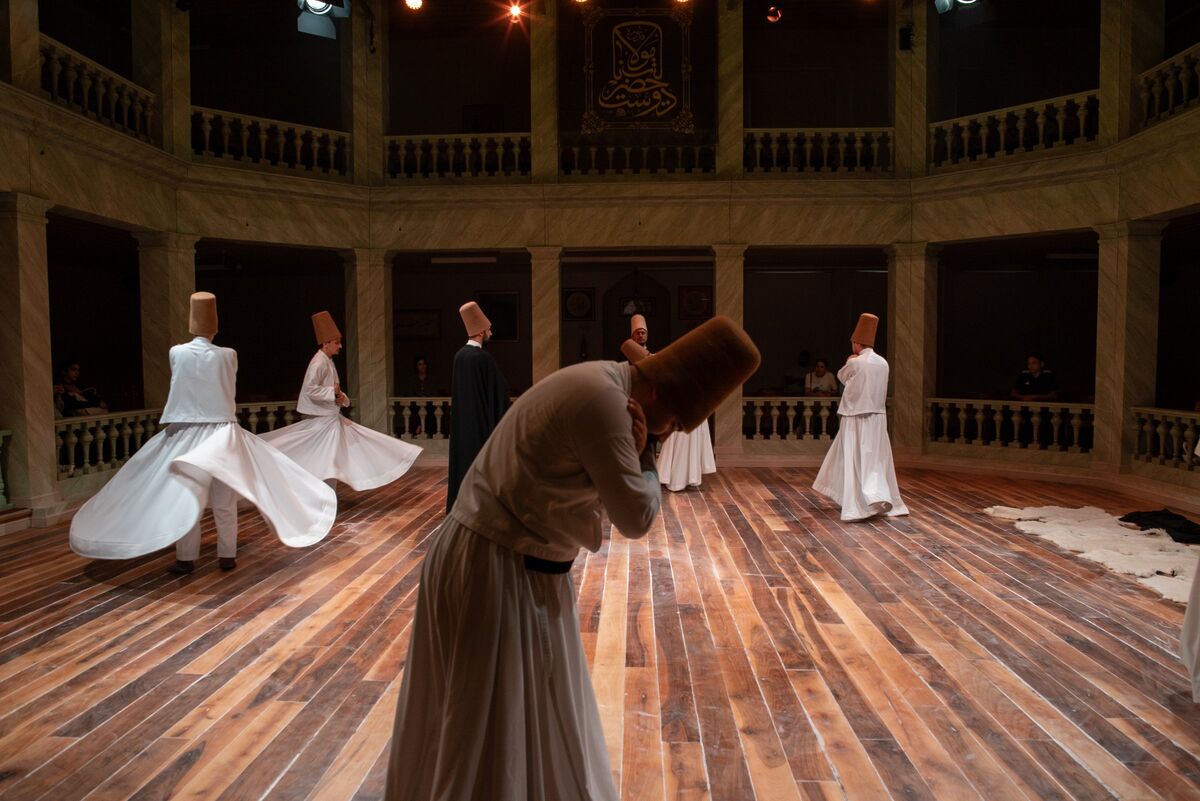A dervish in white with a tall camel felt hat bowing, arms crossed, in the foreground while other dervishes whirl behind him